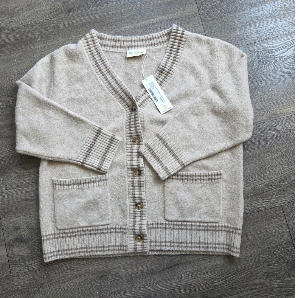 New 78 & Sunny Island Cardigan Women Large Heather Cream Striped Trim V-Neck